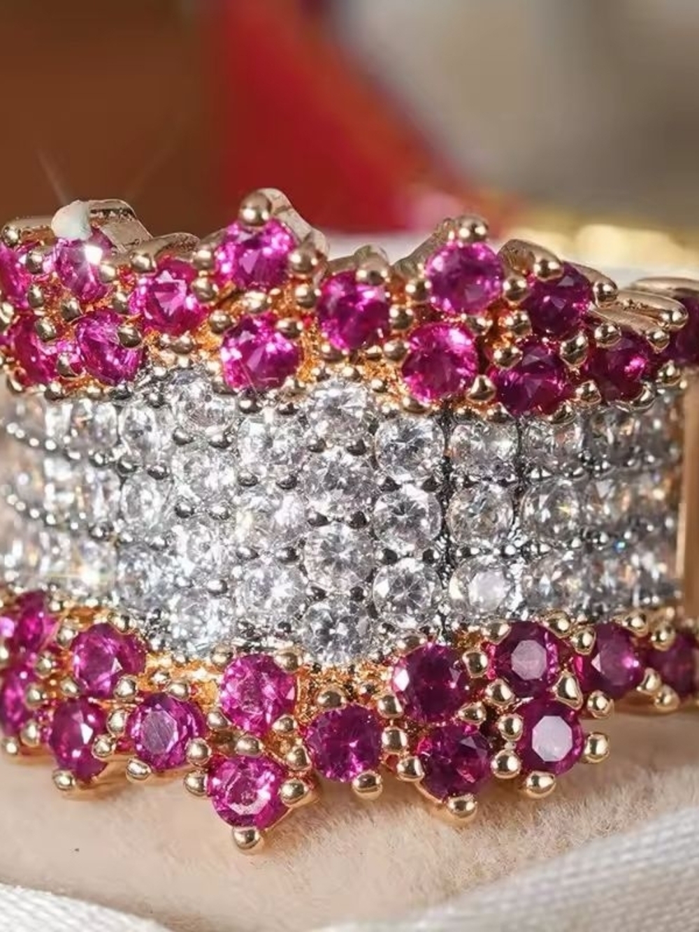 Gold Ring with Pink Gemstones and Clear Crystals - Picture 3 of 5
